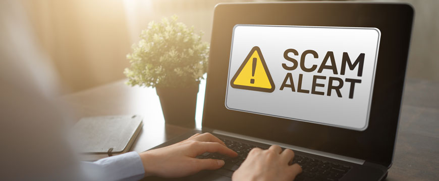 Person's Hands on a Computer That Says, "Scam Alert"