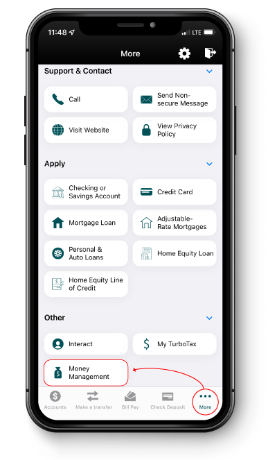 Navigation to Money Management on RSB Mobile App