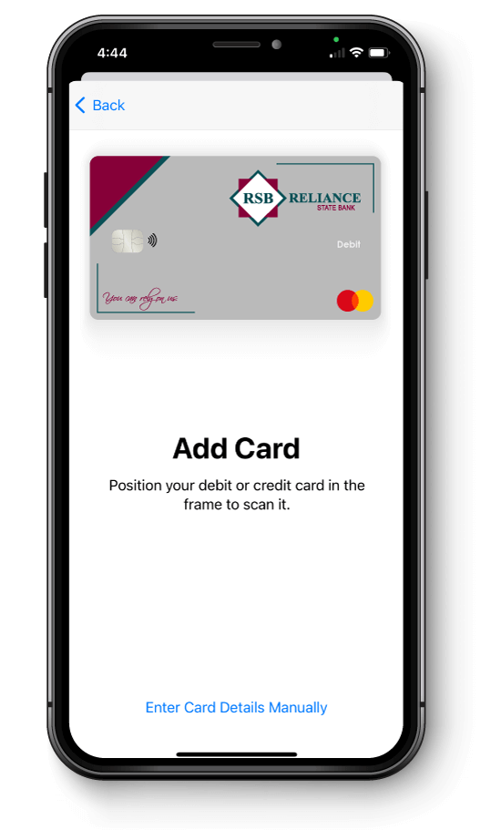 Phone showing Reliance State Bank debit card in mobile wallet